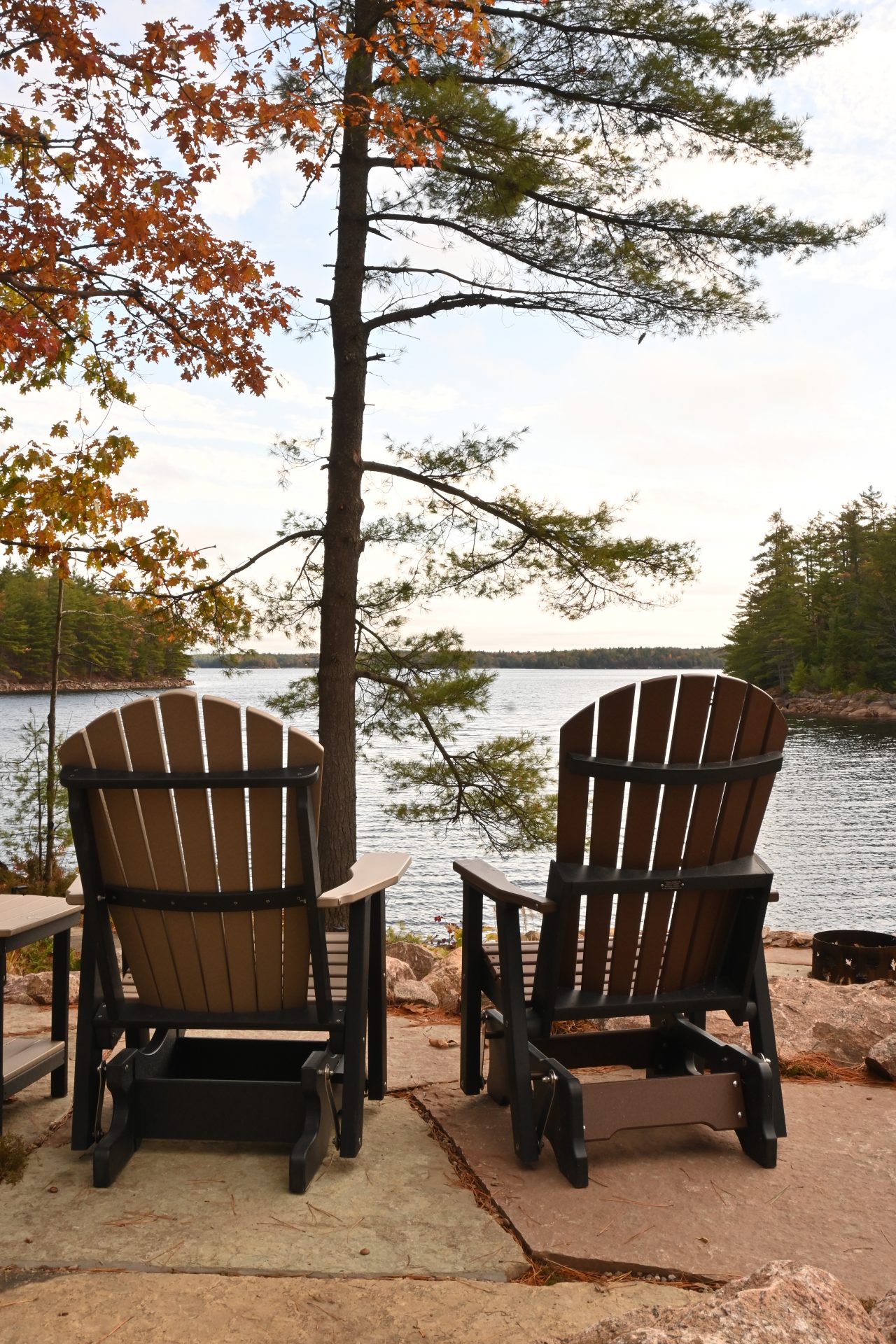 Chairs overlooking serene lake in autumn setting.