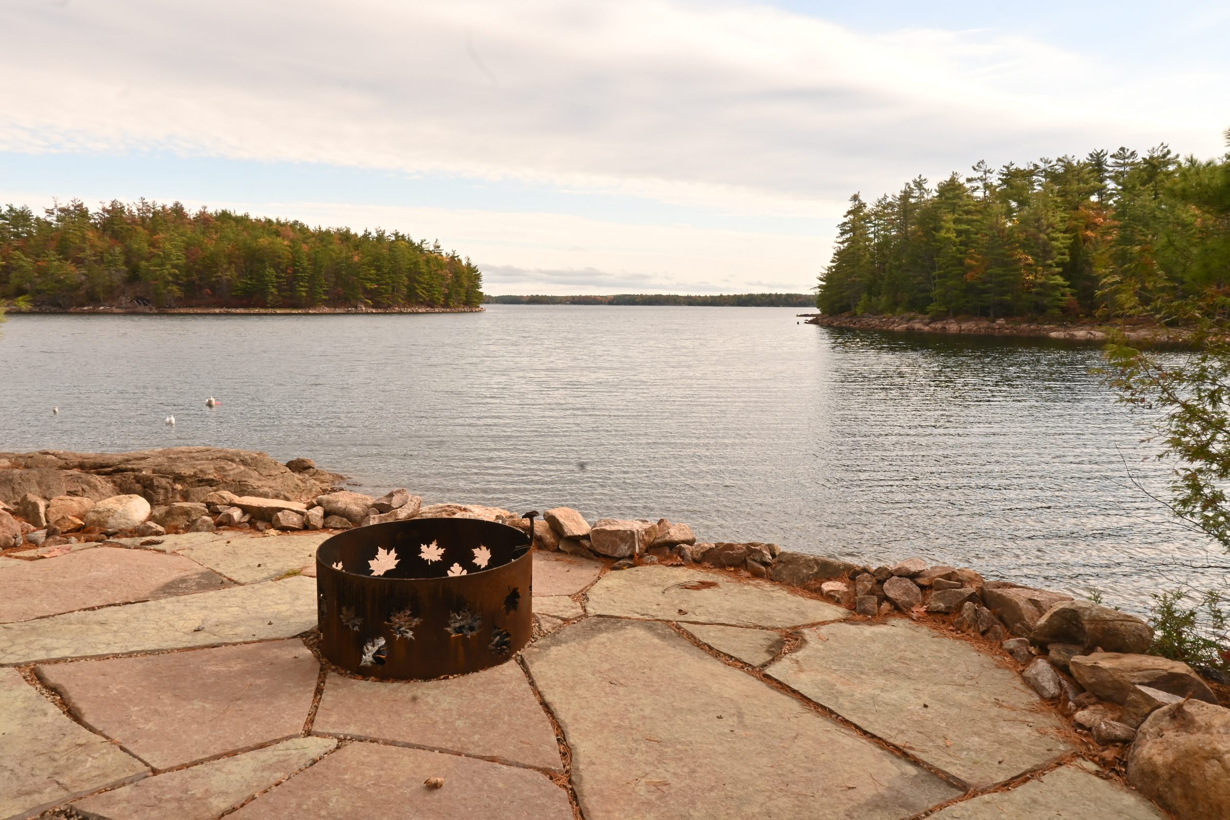 Lakeside view with fire pit and trees.
