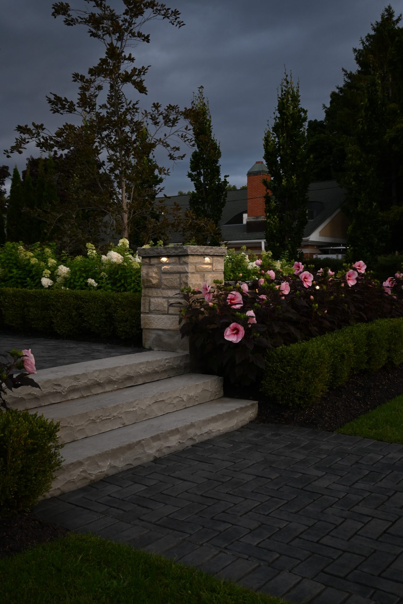 Garden pathway with blooming pink flowers
