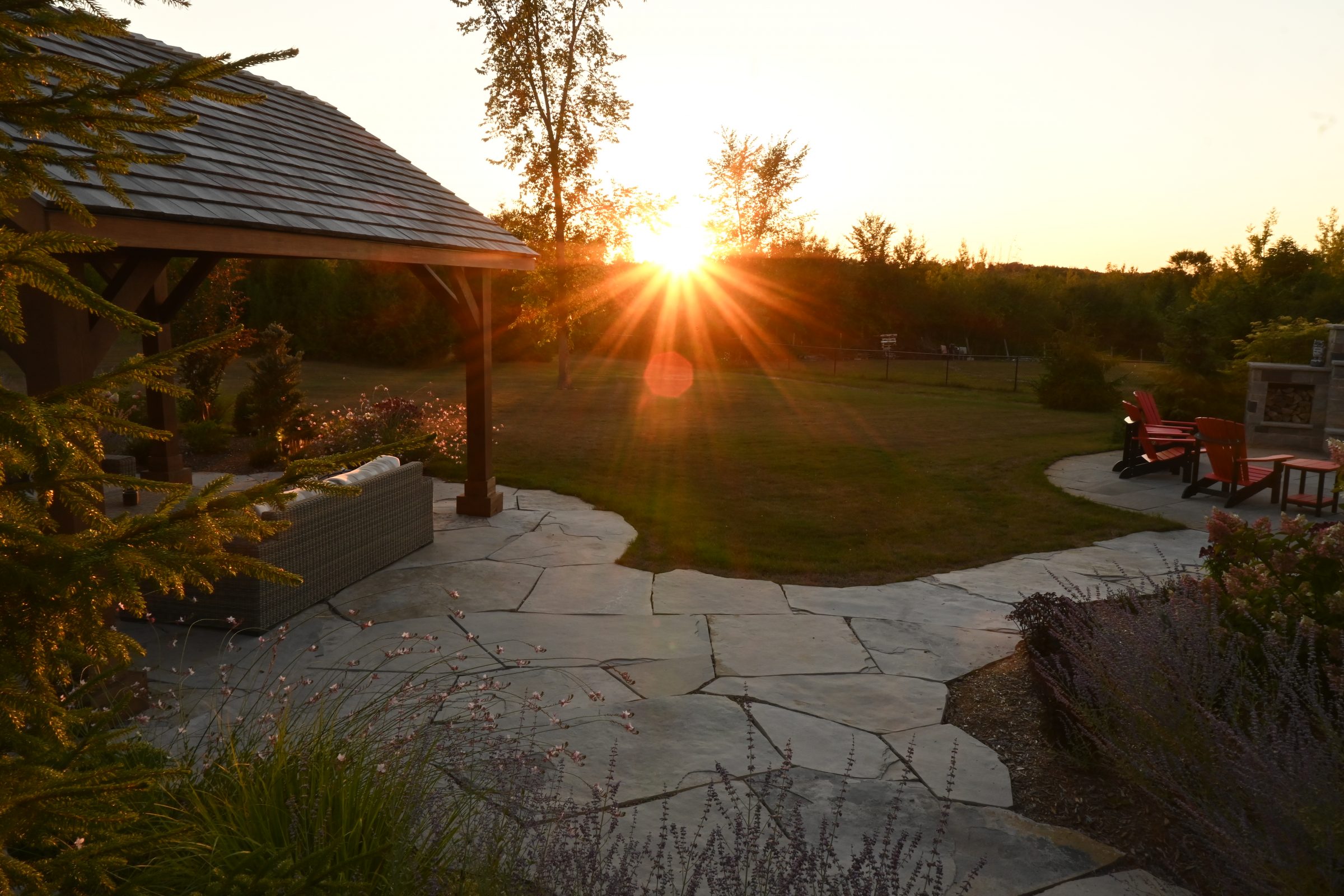 Backyard patio at sunset with chairs and trees