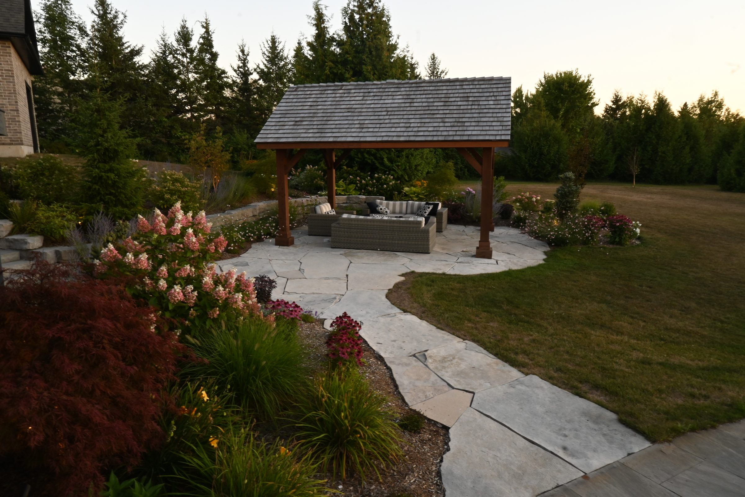 Garden patio with pergola and flowering plants
