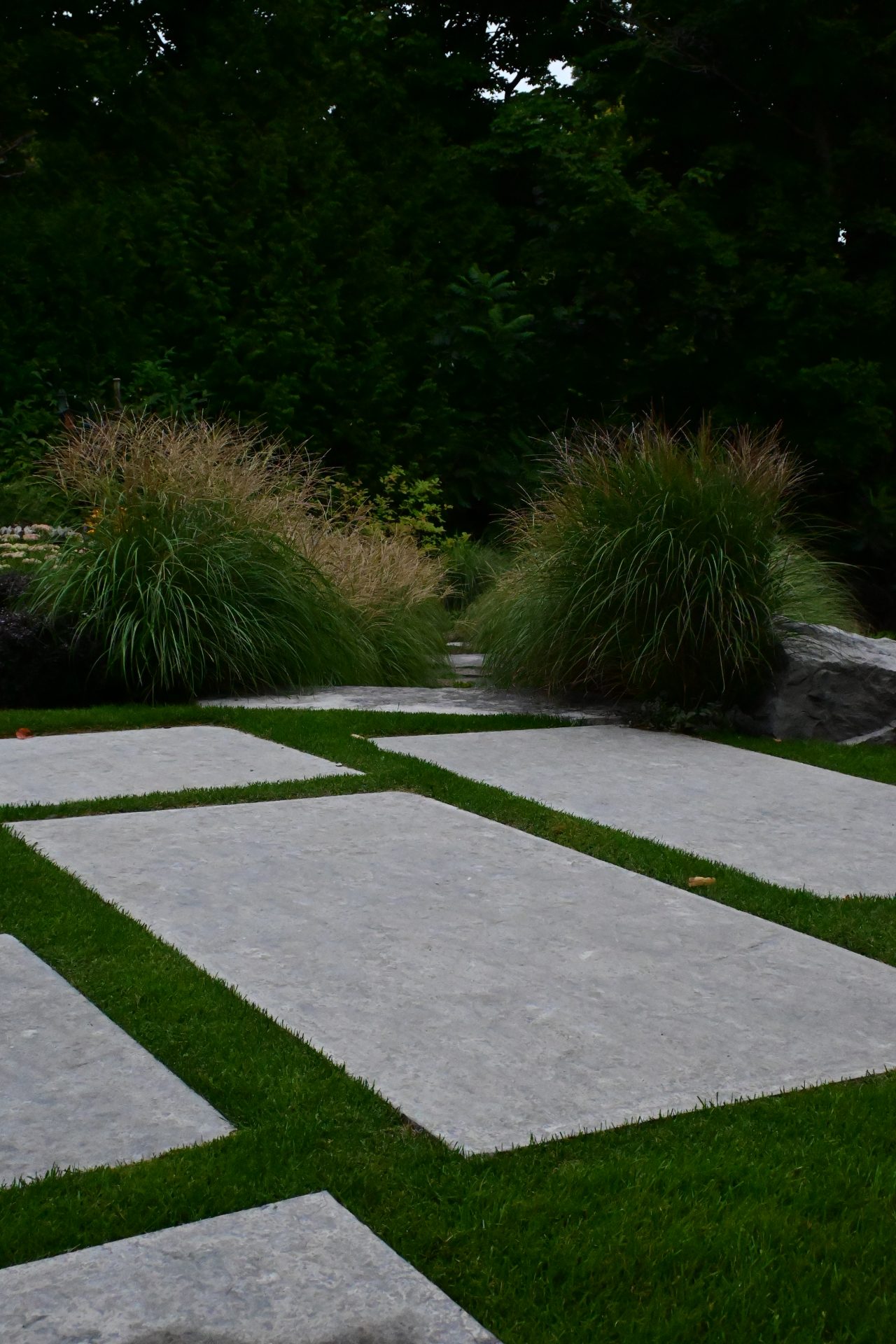 Stepping stones in scenic garden pathway.