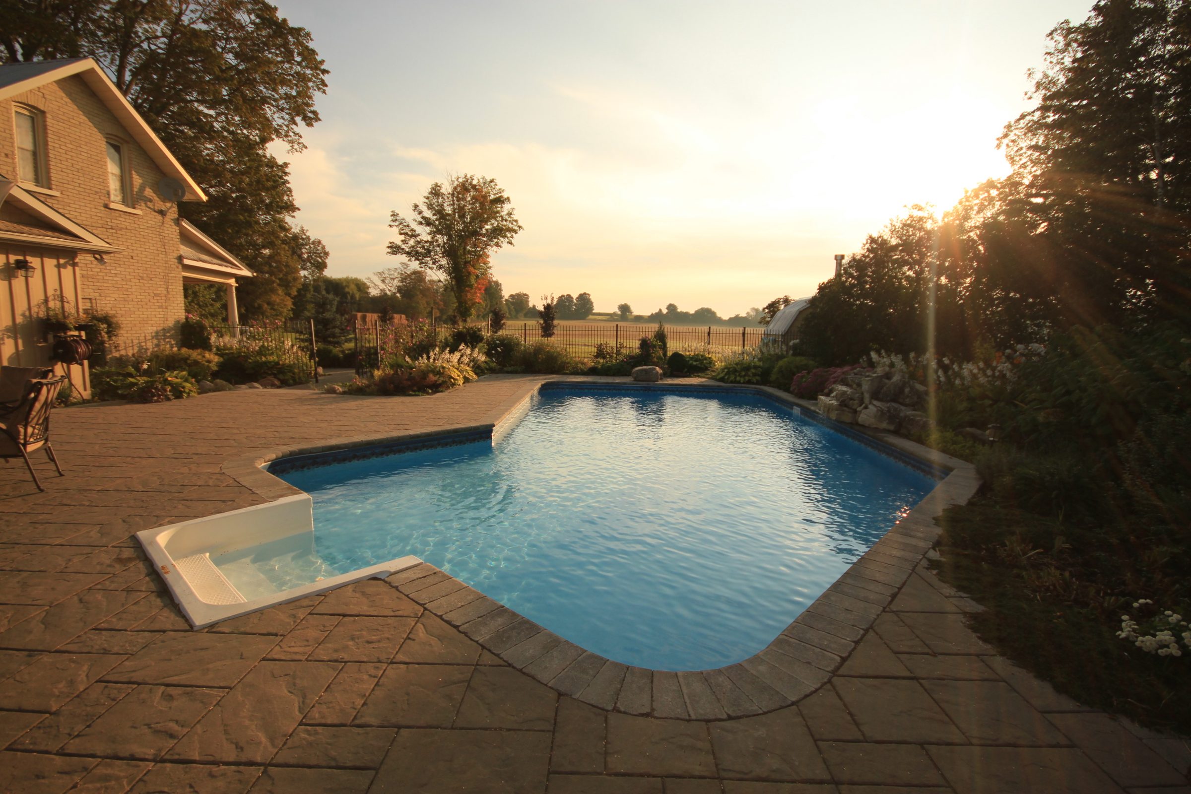 Sunny backyard pool with garden view
