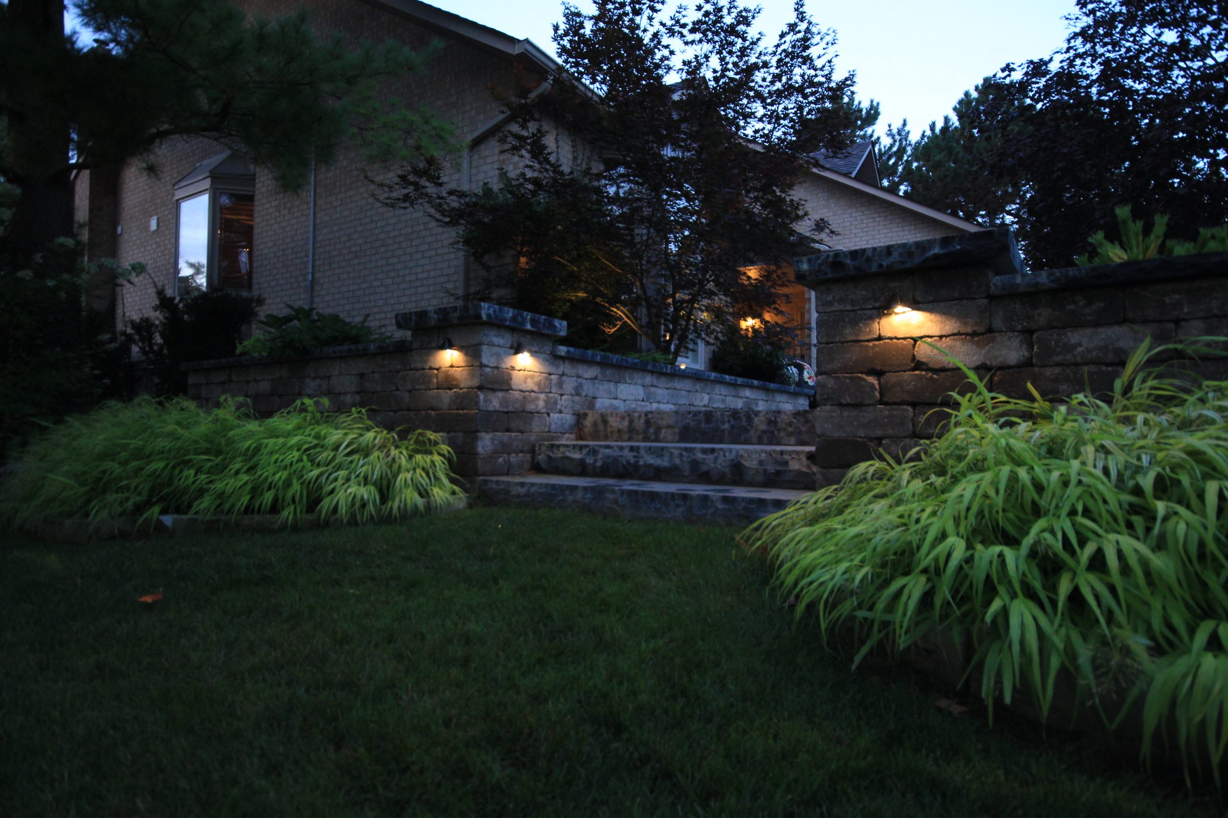Outdoor staircase with garden lighting at dusk.