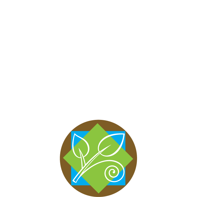 Stylized leaf logo on geometric background.