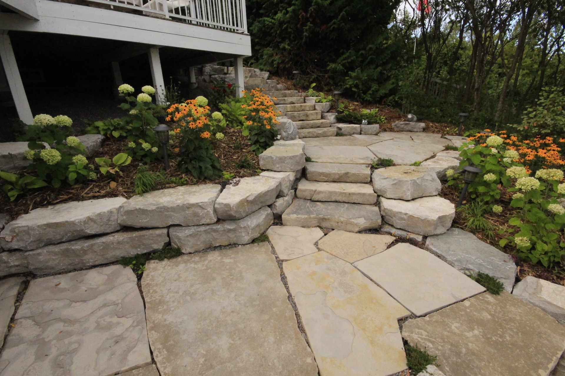 Stone steps and garden flowers near house