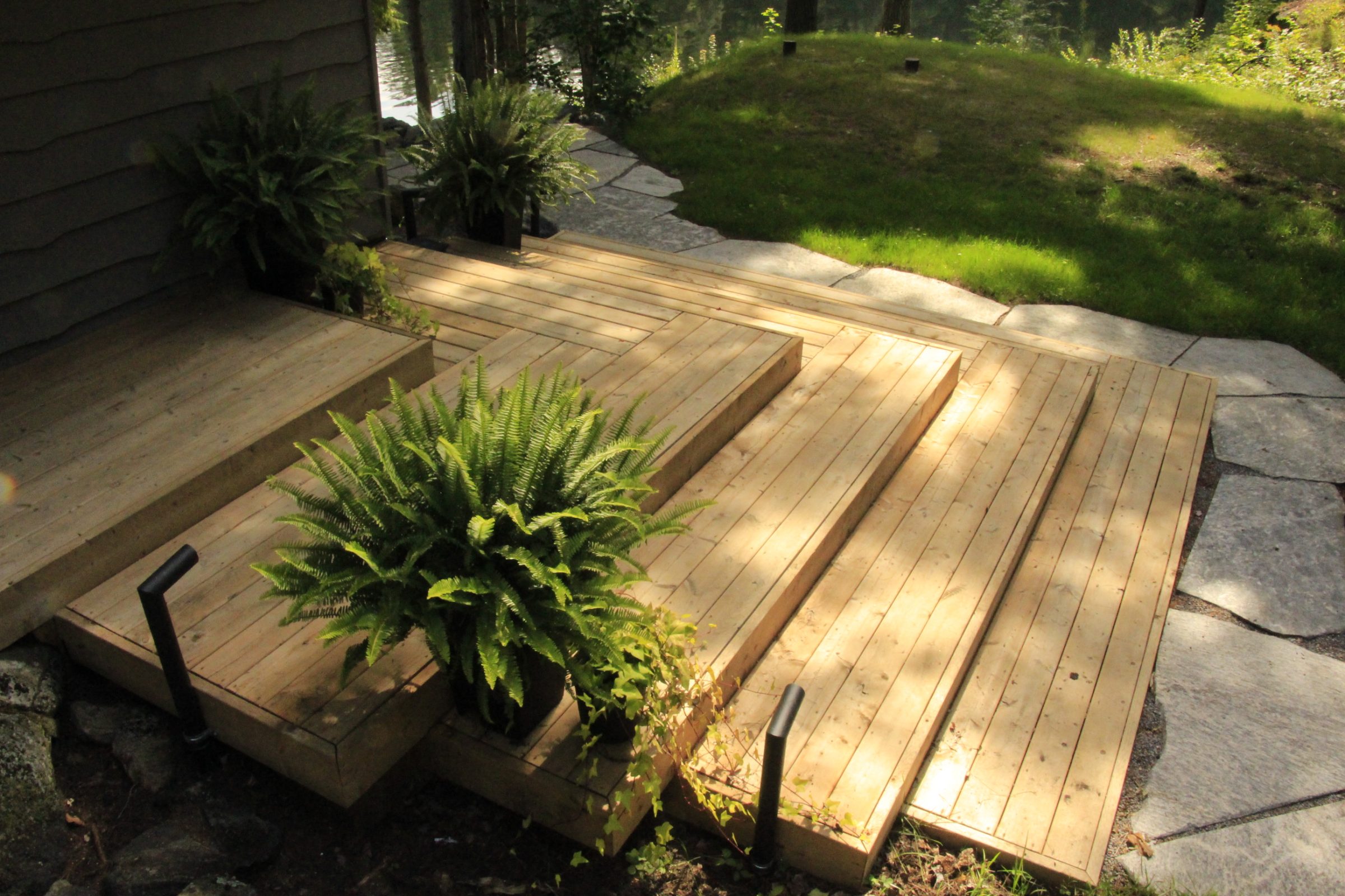 Wooden deck with ferns and garden view