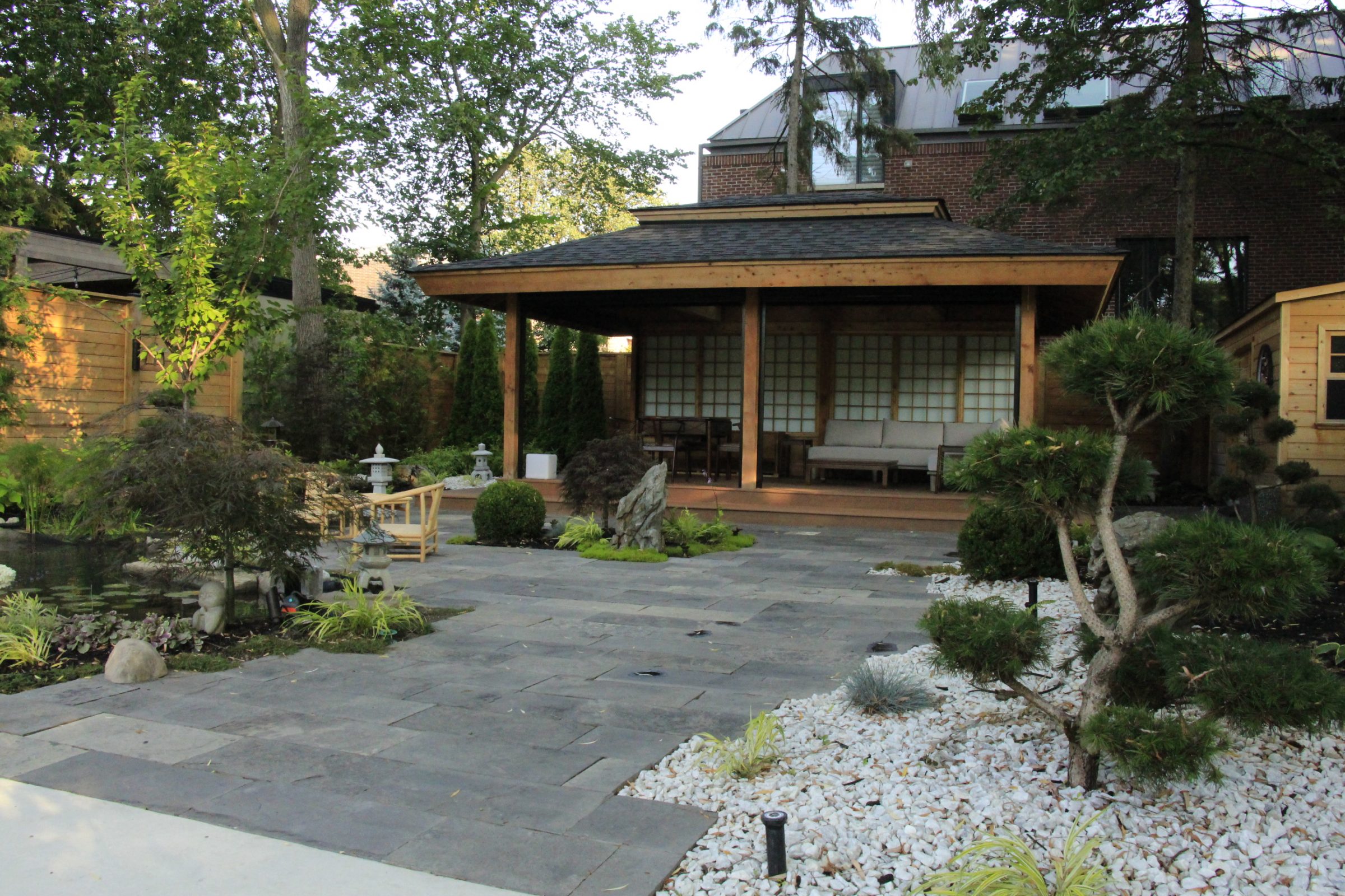 Tranquil Japanese garden with wooden pavilion
