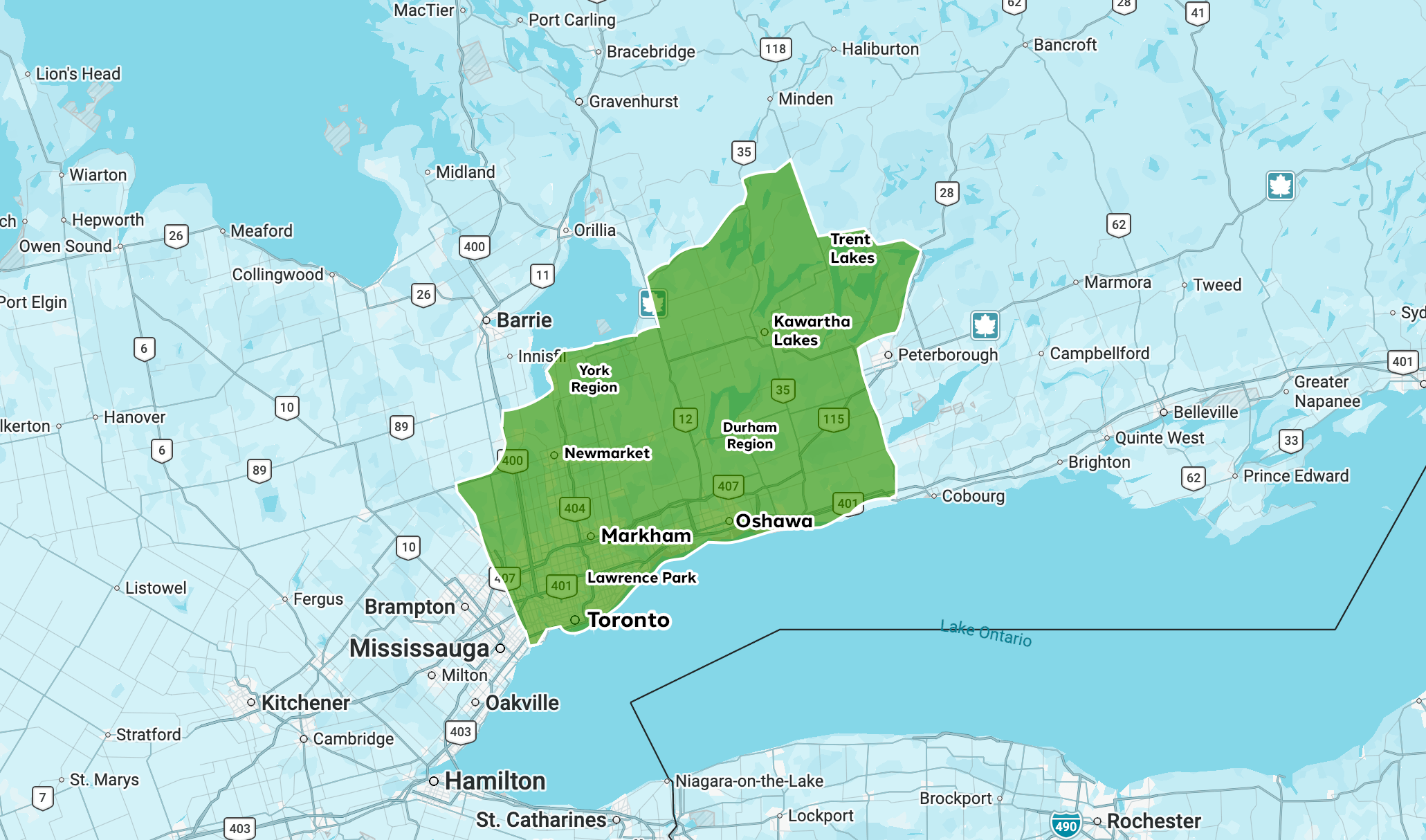 Map showing Toronto area with nearby cities.