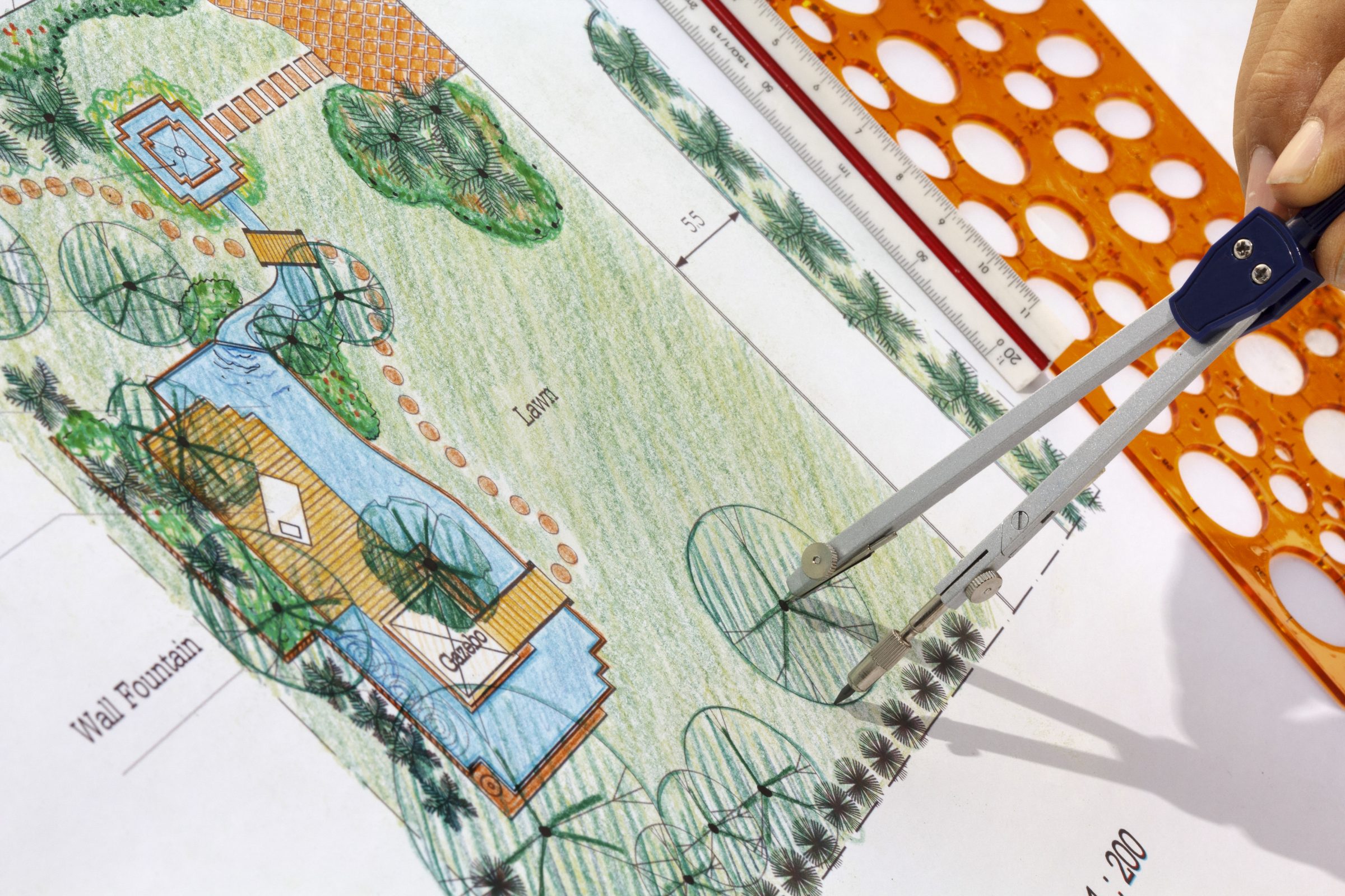 Colorful landscape design plan with drawing tools.