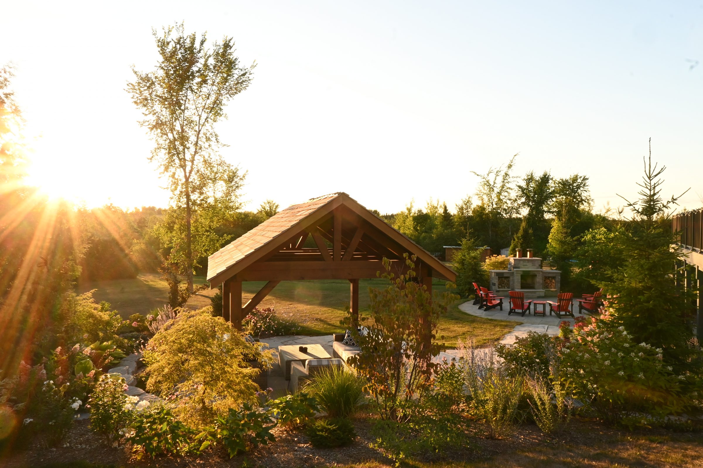 Pergola and garden at sunset